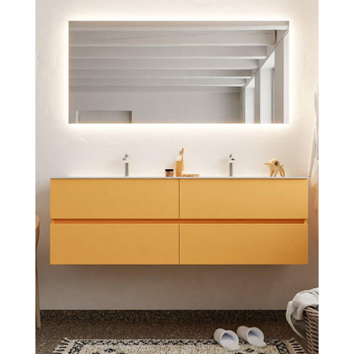 MONDIAZ VICA Ensemble de meuble salle de bain - 150cm - 4 tiroirs - lavabo Cloud double - 2 trous de robinet - solid surface ocre