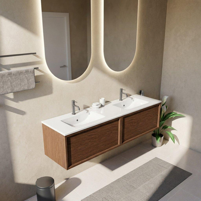 Saniclass Holz Frame Ensemble meuble de salle de bains - 160x45x42cm - Vygo lavabo en céramique blanc - 2 vasques - 2 trous de robinetterie - 2 tiroirs - mat walnut pure (bois)
