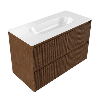 Saniclass Holz Atelier Ensemble meuble de salle de bains - 100x45x73.9cm - lavabo en céramique Chaci blanc - 1 vasque - 1 trou de robinet - 2 tiroirs - noyer pure mat (bois)