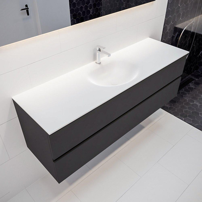 Mondiaz VICA ensemble de meuble de salle de bain - 150cm - meuble sous-vasque gris foncé 2 tiroirs - lavabo lune milieu - trou de robinet - miroir LED - version XL 60cm de haut