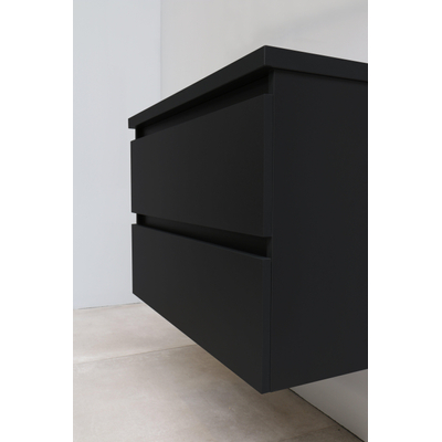 Basic Bella Ensemble salle de bains 80x55x46cm vasque en céramique avec 1 trou de robinet 2 portes panneaux latéraux noir mat et armoire de toilette Noir mat