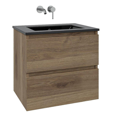 Saniclass Chaci Ensemble meuble de salle de bains - 60x46x55cm - lavabo céramique noir - 1 vasque - sans trou de robinet - 2 tiroirs - chêne