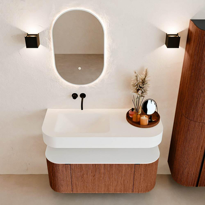 MONDIAZ THOR 110cm meuble de salle de bains arrondi gauche + droite couleur Ruby avec 1 tiroir et 2 portes. Vasque suspendue CLOUD gauche sans trou de robinet couleur Talc.