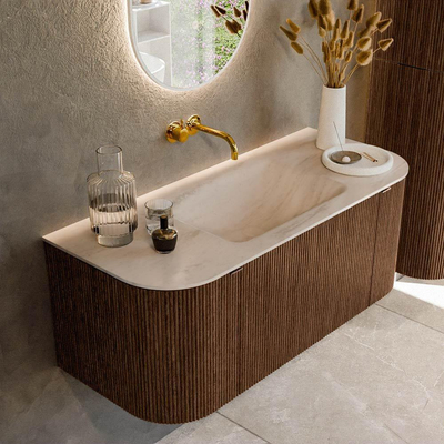 MONDIAZ KURVE-DLUX Meuble de salle de bains 110cm arrondi Gauche + Droite couleur Walnut avec 1 tiroir et 2 portes. Lavabo CLOUD Central sans trou de robinet Meli.