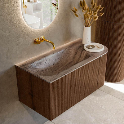 MONDIAZ KURVE-DLUX Meuble de salle de bains 95cm arrondi à droite couleur Walnut avec 1 tiroir et 1 porte. Lavabo BIG SMALL gauche sans trou de robinet Oza.