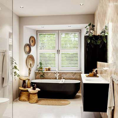 MONDIAZ VICA meuble sous lavabo 150cm Urban 2 tiroirs. Lavabo MOON à droite sans trou de robinet, couleur Talc.