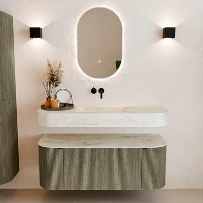MONDIAZ THOR-DLUX 120cm badmeubel ronding links + rechts kleur Shadow met 1 lade en 2 deuren. Vrijhangende wastafel CLOUD Midden zonder kraangat kleur Ostra.
