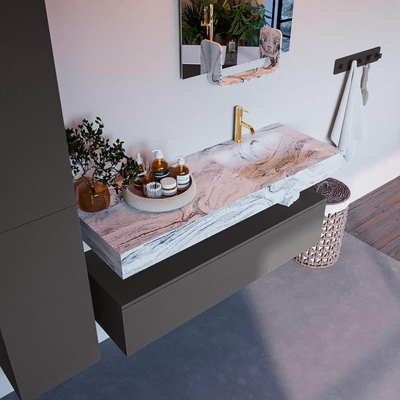 Mondiaz ALAN-DLUX Ensemble de meuble - 130cm - meuble Dark grey mat - 1 tiroir - Lavabo Cloud Glace suspendu - vasque Droite - 1 trou de robinet