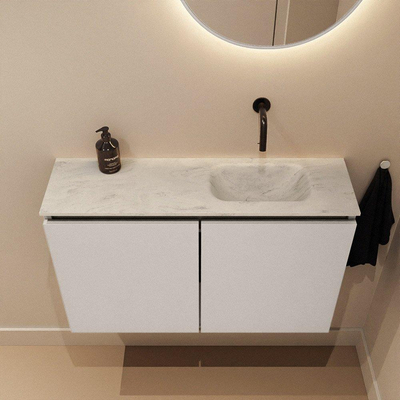 MONDIAZ TURE-DLUX Meuble de toilettes 80 cm Linen. Lavabo EDEN Opalo position droite. Sans trou de robinet.