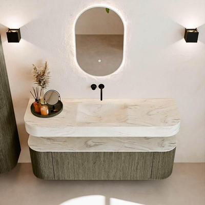 MONDIAZ THOR-DLUX 150cm meuble de salle de bains arrondi gauche + droite couleur Shadow avec 1 tiroir et 2 portes. Vasque suspendue CLOUD Centre sans trou de robinet couleur Ostra.