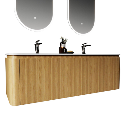 Saniclass Terra Wastafelonderkast - 140cm - 4 lades - wastsafel solid surface - 2 wasbakken - 2 kraangaten - afgeronde hoeken - sandwood (Licht eiken)