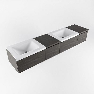 MONDIAZ BUKLA 200cm ensemble de meuble avec module 40 gauche couleur Marron Foncé avec 4 tiroirs. Lavabo CLOUD double 0 trou de robinet couleur Talc.