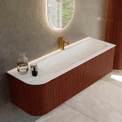Mondiaz KURVE-DLUX Ensemble de meuble - 145x46x40cm - 1 tiroir - 1 porte - lavabo en solid surface - droite - 1 trou de robinet - Ruby