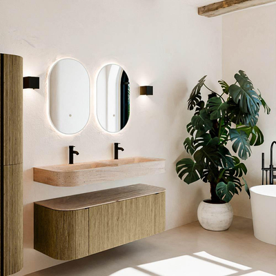 MONDIAZ THOR-DLUX Meuble de salle de bains 130cm arrondi gauche + droite couleur Dusk avec 1 tiroir et 2 portes. Vasque suspendue CLOUD Double 2 trous de robinet couleur Saba.