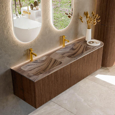 MONDIAZ KURVE-DLUX meuble de salle de bains 155cm arrondi à droite couleur Walnut avec 2 tiroirs et 1 porte. Lavabo LEAF double / gauche 2 trous de robinet Sombra.