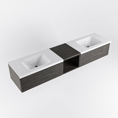 MONDIAZ BUKLA 200cm ensemble de meuble avec module ouvert 40 couleur Marron foncé avec 2 tiroirs. Lavabo CLOUD double 2 trous de robinet couleur Talc.