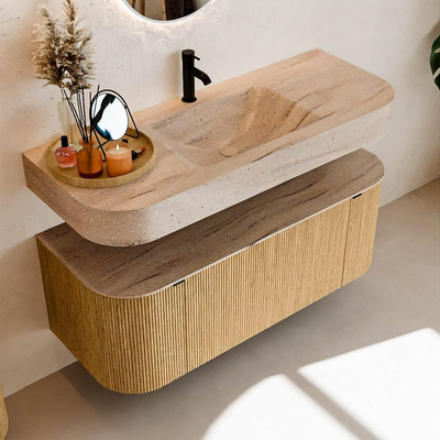 MONDIAZ THOR-DLUX 120cm badmeubel ronding links + rechts kleur Oak met 1 lade en 2 deuren. Vrijhangende wastafel CLOUD Midden 1 kraangat kleur Saba.