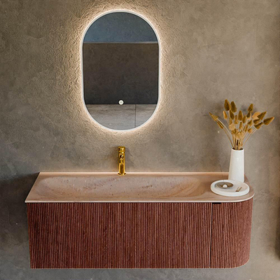 MONDIAZ KURVE-DLUX Meuble de salle de bains 125cm arrondi Droite couleur Ruby avec 1 tiroir et 1 porte. Lavabo BIG MEDIUM Gauche 1 trou de robinet Saba.