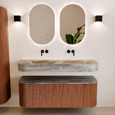 MONDIAZ THOR-DLUX 130cm meuble de salle de bains arrondi gauche + droite couleur Ruby avec 1 tiroir et 2 portes. Vasque suspendue CLOUD Double sans trou de robinet couleur Oza.