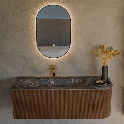 MONDIAZ KURVE-DLUX 125cm badmeubel met module 25 R kleur Walnut met 1 lade en 1 deur. Wastafel BIG MEDIUM links 1 kraangat kleur Lava.