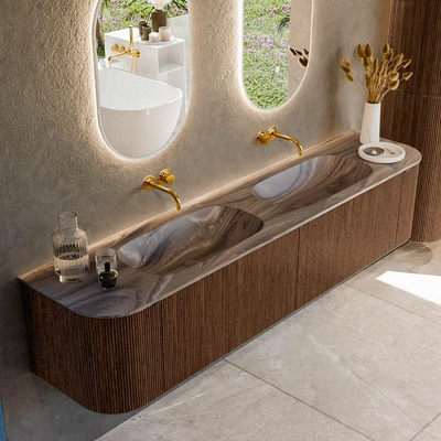 MONDIAZ KURVE-DLUX Meuble de salle de bains 200cm arrondi Gauche + Droite couleur Walnut avec 2 tiroirs et 2 portes. Lavabo STOR SMALL Double sans trou de robinet Sombra.