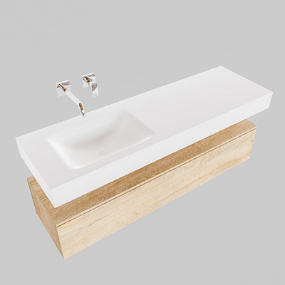 MONDIAZ ALAN 150cm - meuble bas - chêne blanchi - 1 tiroir - lavabo suspendu - vasque à gauche - 0 trou de robinet - talc