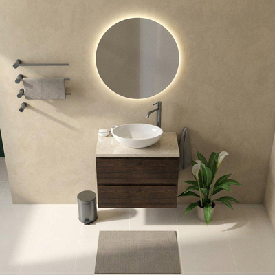 Saniclass Holz Pure Ensemble meuble de salle de bains - 80x45x63cm - Plan de toilette en pierre naturelle travertin - 1 trou de robinet - 2 tiroirs - chêne charcoal mat (bois)