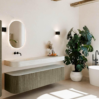 MONDIAZ THOR-DLUX 180cm meuble de salle de bains arrondi gauche + droite couleur Shadow avec 2 tiroirs et 2 portes. Vasque suspendue CLOUD Gauche sans trou de robinet couleur Opalo.