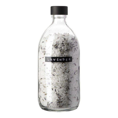 Wellmark Badzout helder glas zwarte dop 500ml Lavendel tekst LAVENDER