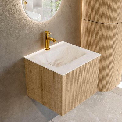 MONDIAZ KURVE-DLUX Meuble de salle de bains 50 cm couleur Oak avec 1 tiroir. Lavabo GRUNNE central 1 trou de robinet couleur Frappe.