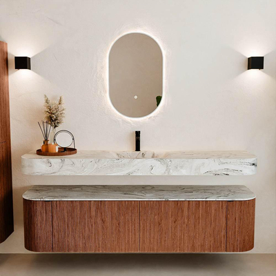 MONDIAZ THOR-DLUX 180cm meuble de salle de bains arrondi gauche + droite couleur Ruby avec 2 tiroirs et 2 portes. Vasque suspendue CLOUD Milieu 1 trou de robinet couleur Glace.