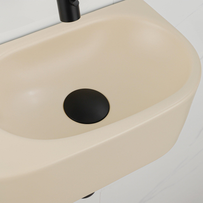 QeramiQ Fuente Fonteinset - 40x21.5x12cm - glad - halfrond - zonder kraangat - keramiek - fonteinkraan zwart mat - afvoerplug - verlaagd sifon - beige