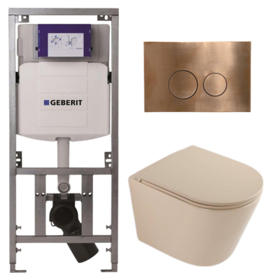 QeramiQ Dely Pack WC - 36,3x51,7cm - à fond creux - sans bride - réservoir encastré Geberit UP320 - abattant WC à fermeture douce - plaque de commande en cuivre - boutons ronds - beige mat