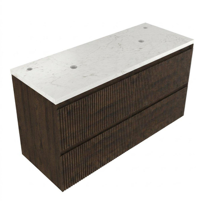 Saniclass Holz Atelier Ensemble meuble de salle de bains - 120x45x63cm - Plan vasque en marbre Dia poli (blanc) - 2 trous de robinetterie - 2 tiroirs - chêne charcoal mat (bois)