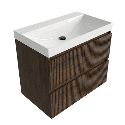 Saniclass Holz Atelier Ensemble meuble de salle de bains - 80x45x67.5cm - lavabo Wave en céramique - 1 vasque - sans trou de robinetterie - 2 tiroirs - chêne charcoal mat (bois)