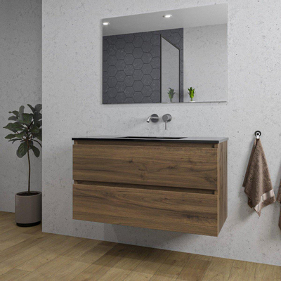 Saniclass Chaci Meuble de salle de bain - 100x45x55cm - lavabo en céramique noir mat - 1 vasque - sans trou de robinet - 2 tiroirs - noyer