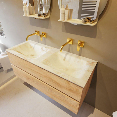 MONDIAZ VICA-DLUX Ensemble meuble de salle de bains - 120cm - meuble bas washed oak - 2 tiroirs - lavabo encastré cloud double - sans trous de robinet - version hauteur 60cm - frape