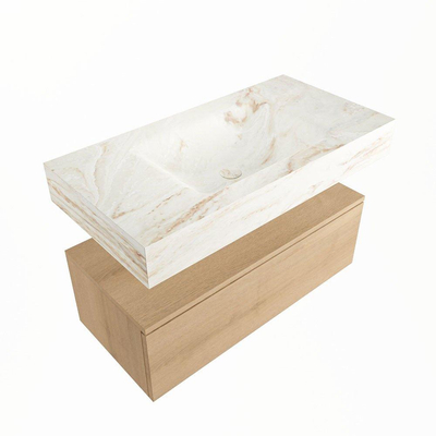 Mondiaz ALAN-DLUX Ensemble de meuble - 90cm - meuble Washed Oak mat - 1 tiroir - Lavabo Cloud Frappe suspendu - vasque Centre - 1 trou de robinet