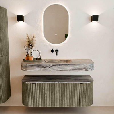 MONDIAZ THOR-DLUX 120cm badmeubel ronding links + rechts kleur Shadow met 1 lade en 2 deuren. Vrijhangende wastafel CLOUD Midden zonder kraangat kleur Sombra.