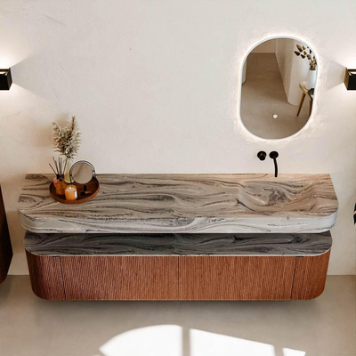 MONDIAZ THOR-DLUX 200cm meuble de salle de bains arrondi gauche + droite couleur Ruby avec 2 tiroirs et 2 portes. Vasque suspendue CLOUD Droite sans trou de robinet couleur Sombra.