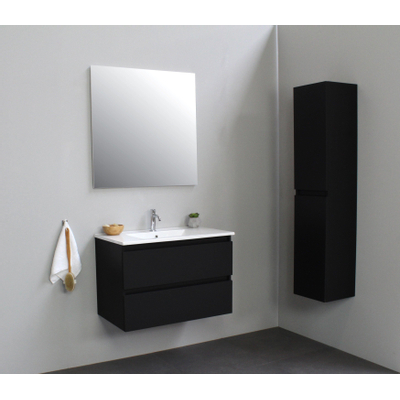 Basic Bella Meuble salle de bains avec lavabo céramique Blanc 80x55x46cm 1 trou de robinet Noir mat