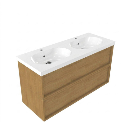 Saniclass Holz Frame Ensemble meuble de salle de bains - 120x45x63.5cm - Lavabo en céramique Palermo blanc - 2 vasques - 2 trous de robinet - 2 tiroirs - chêne natural mat (bois)