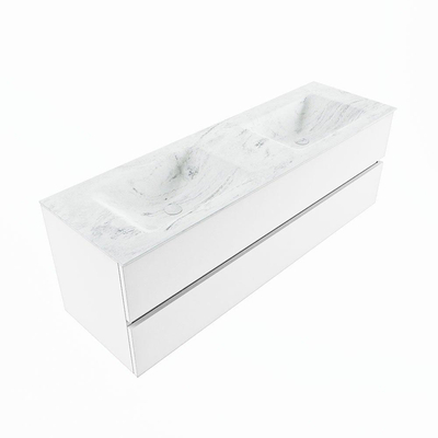 MONDIAZ VICA-DLUX Ensemble meuble de salle de bains - 150cm - meuble bas Talc - 2 tiroirs - lavabo encastré Cloud double - 2 trous de robinet - version haute 60cm - Opalo