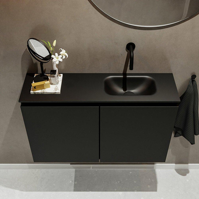 MONDIAZ TURE Fonteinset - 80x23x50cm - 0 kraangaten - 2 deuren - urban mat - Wasbak rechts - Solid Surface Zwart