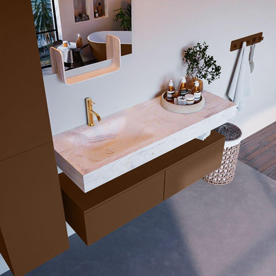 Mondiaz ALAN-DLUX Ensemble de meuble - 130cm - meuble Rust mat - 2 tiroirs - Lavabo Cloud Ostra suspendu - vasque Gauche - 1 trou de robinet