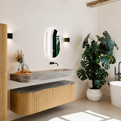 MONDIAZ THOR-DLUX 150cm meuble de salle de bains arrondi gauche + droite couleur Chêne avec 1 tiroir et 2 portes. Vasque suspendue CLOUD Droite sans trou de robinet couleur Oza.