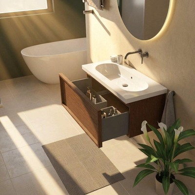 Saniclass Holz Frame Ensemble meuble de salle de bains - 100x45x43.5cm - Palermo lavabo en céramique blanc - 1 vasque - sans trou de robinetterie - 1 tiroir - walnut pure mat (bois)