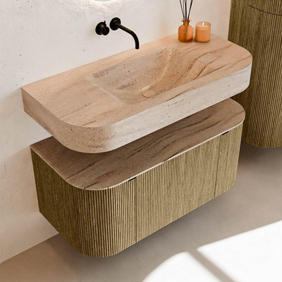 MONDIAZ THOR-DLUX 100cm meuble de salle de bains arrondi gauche + droite couleur Dusk avec 1 tiroir et 2 portes. Vasque suspendue CLOUD Milieu sans trou de robinet couleur Saba.