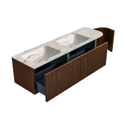 MONDIAZ KURVE-DLUX 155cm badmeubel ronding Rechts kleur Walnut met 2 lades en 1 deur. Wastafel LEAF Dubbel / Links zonder kraangat Nata.