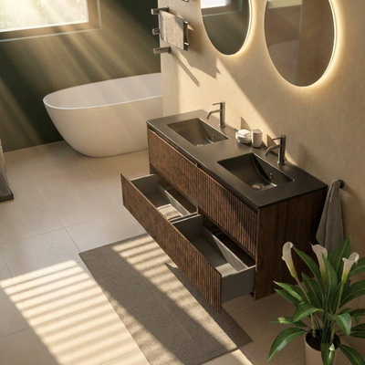 Saniclass Holz Atelier Ensemble meuble de salle de bains - 140x45x62cm - lavabo Vygo en céramique noir - 2 vasques - 2 trous de robinetterie - 4 tiroirs - chêne charcoal mat (bois)